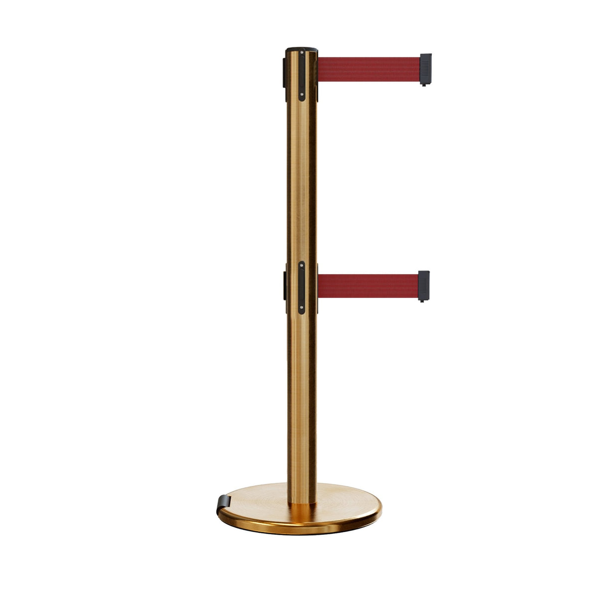 Retractable Dual Belt Barrier Stanchion, Rolling Base, Satin Brass Post, 11 ft Belt - Montour Line ME630D - Crowd Control Warehouse