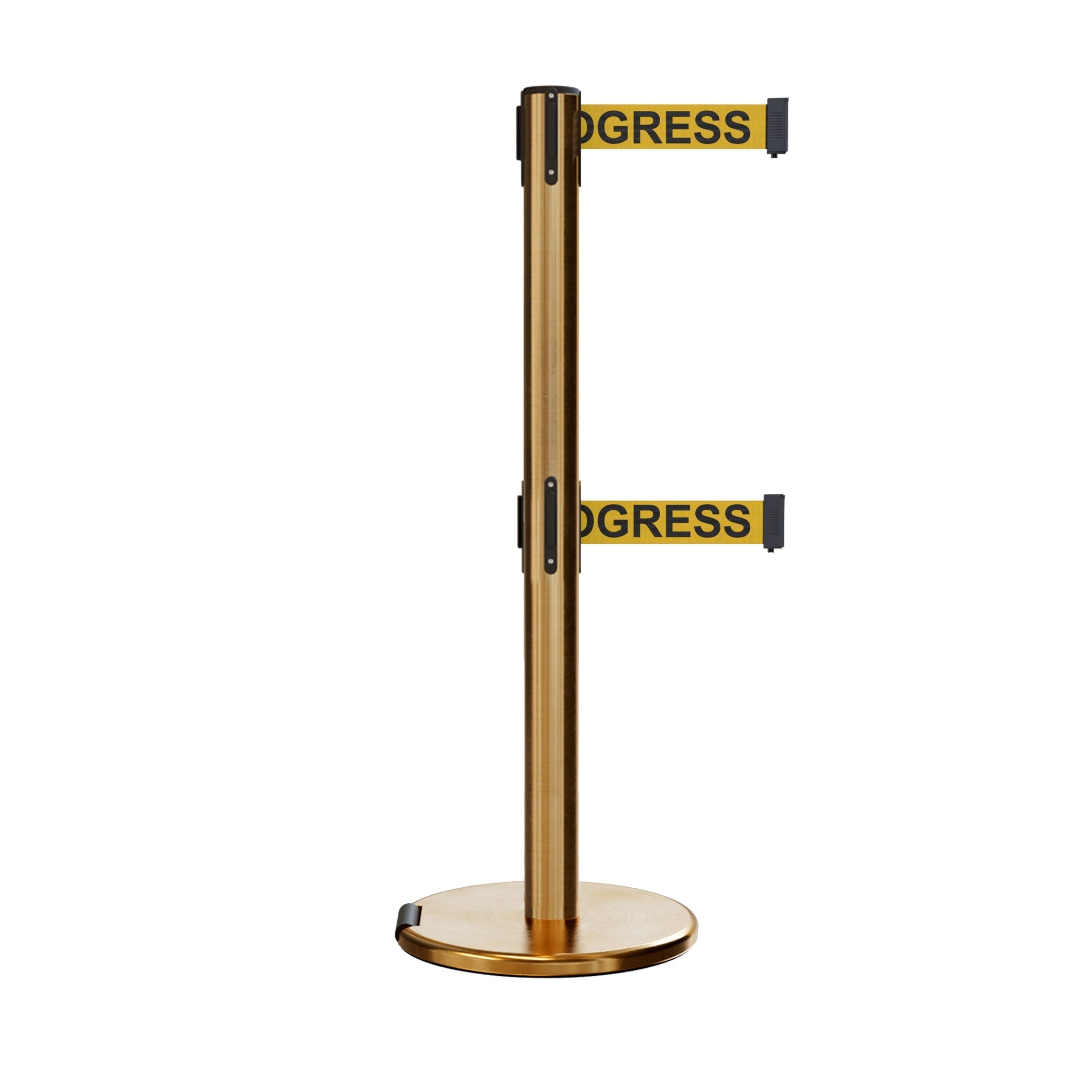 Retractable Dual Belt Barrier Stanchion, Rolling Base, Satin Brass Post, 13 ft Belt - Montour Line ME630D - Crowd Control Warehouse