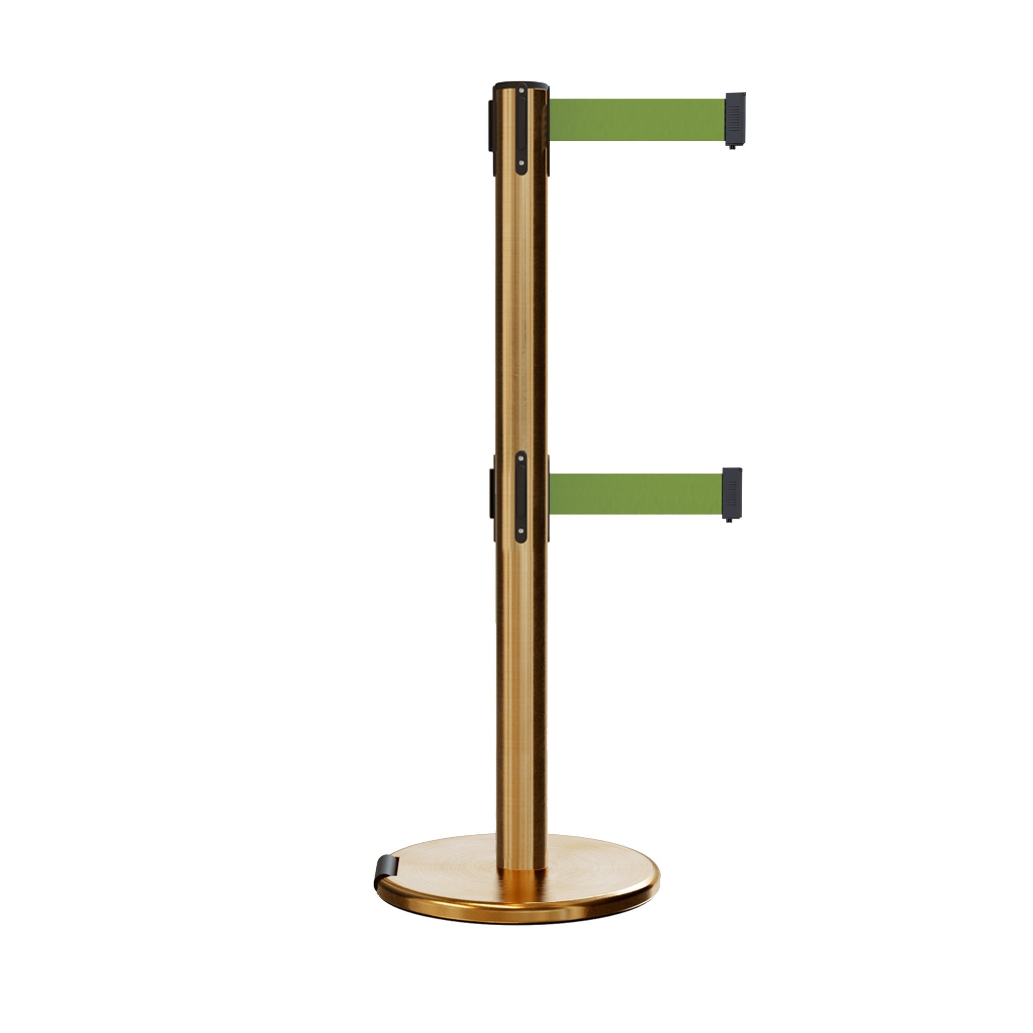 Retractable Dual Belt Barrier Stanchion, Rolling Base, Satin Brass Post, 13 ft Belt - Montour Line ME630D - Crowd Control Warehouse