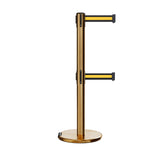 Retractable Dual Belt Barrier Stanchion, Rolling Base, Satin Brass Post, 13 ft Belt - Montour Line ME630D - Crowd Control Warehouse