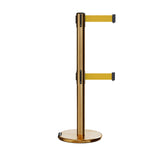 Retractable Dual Belt Barrier Stanchion, Rolling Base, Satin Brass Post, 13 ft Belt - Montour Line ME630D - Crowd Control Warehouse