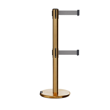 Retractable Dual Belt Barrier Stanchion, Rolling Base, Satin Brass Post, 13 ft Belt - Montour Line ME630D - Crowd Control Warehouse