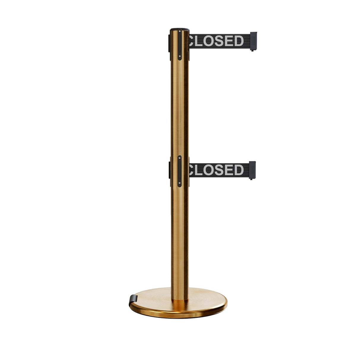 Retractable Dual Belt Barrier Stanchion, Rolling Base, Satin Brass Post, 13 ft Belt - Montour Line ME630D - Crowd Control Warehouse