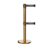 Retractable Dual Belt Barrier Stanchion, Rolling Base, Satin Brass Post, 13 ft Belt - Montour Line ME630D - Crowd Control Warehouse