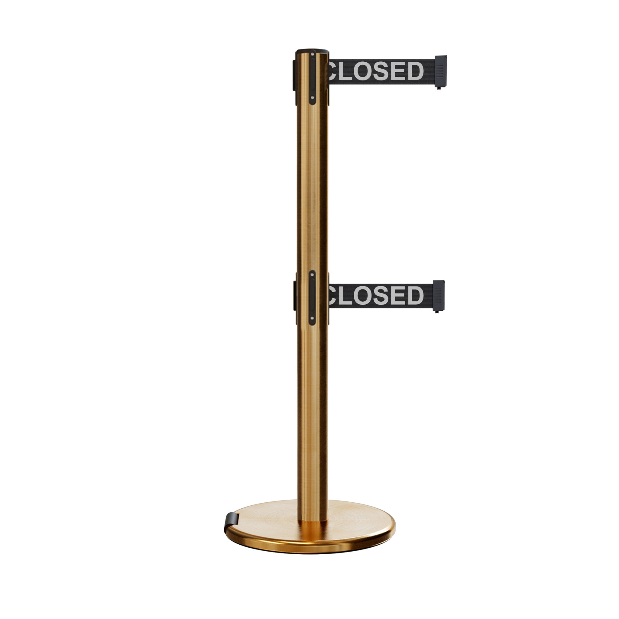 Retractable Dual Belt Barrier Stanchion, Rolling Base, Satin Brass Post, 13 ft Belt - Montour Line ME630D - Crowd Control Warehouse