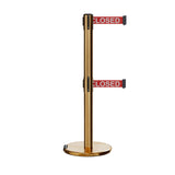 Retractable Dual Belt Barrier Stanchion, Rolling Base, Satin Brass Post, 13 ft Belt - Montour Line ME630D - Crowd Control Warehouse