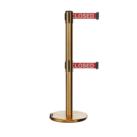 Retractable Dual Belt Barrier Stanchion, Rolling Base, Satin Brass Post, 13 ft Belt - Montour Line ME630D - Crowd Control Warehouse