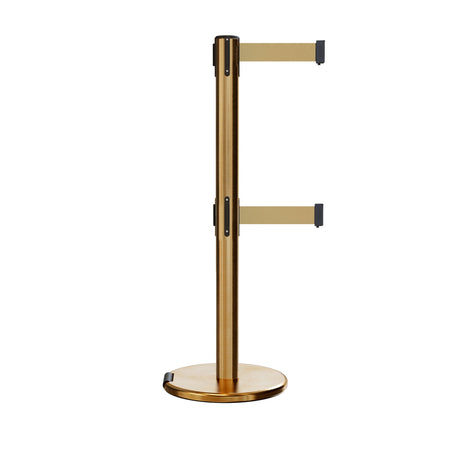 Retractable Dual Belt Barrier Stanchion, Rolling Base, Satin Brass Post, 13 ft Belt - Montour Line ME630D - Crowd Control Warehouse