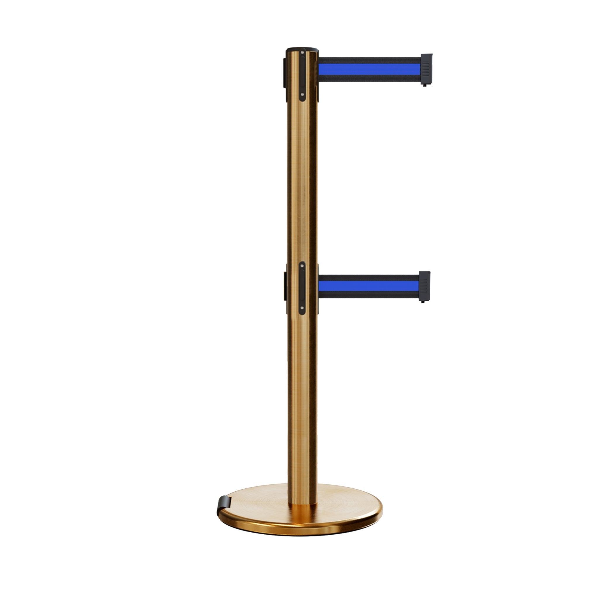 Retractable Dual Belt Barrier Stanchion, Rolling Base, Satin Brass Post, 13 ft Belt - Montour Line ME630D - Crowd Control Warehouse