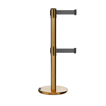 Retractable Dual Belt Barrier Stanchion, Rolling Base, Satin Brass Post, 13 ft Belt - Montour Line ME630D - Crowd Control Warehouse