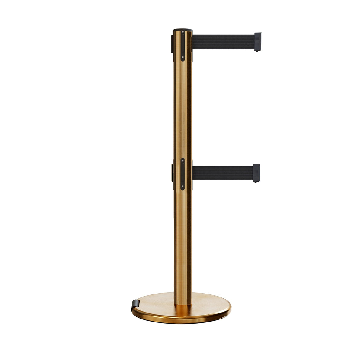 Retractable Dual Belt Barrier Stanchion, Rolling Base, Satin Brass Post, 13 ft Belt - Montour Line ME630D - Crowd Control Warehouse