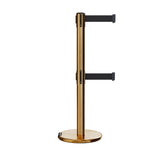 Retractable Dual Belt Barrier Stanchion, Rolling Base, Satin Brass Post, 13 ft Belt - Montour Line ME630D - Crowd Control Warehouse
