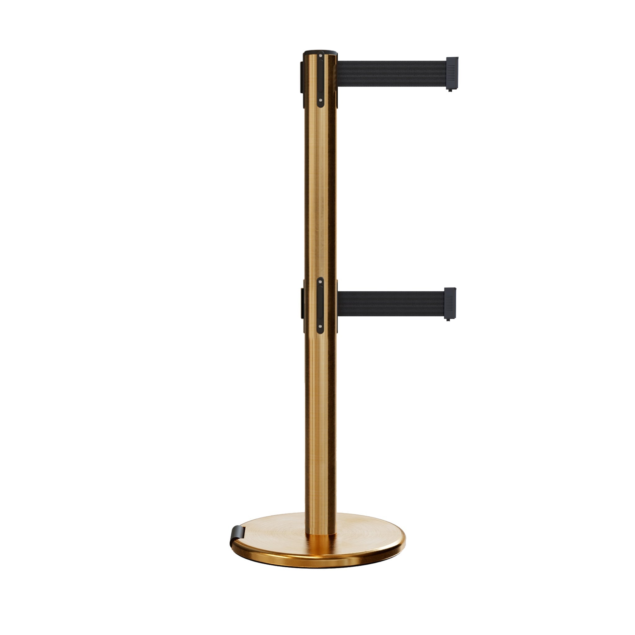 Retractable Dual Belt Barrier Stanchion, Rolling Base, Satin Brass Post, 13 ft Belt - Montour Line ME630D - Crowd Control Warehouse