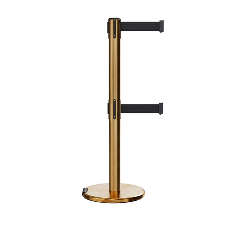 Retractable Dual Belt Barrier Stanchion, Rolling Base, Satin Brass Post, 13 ft Belt - Montour Line ME630D - Crowd Control Warehouse