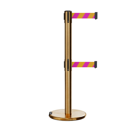 Retractable Dual Belt Barrier Stanchion, Rolling Base, Satin Brass Post, 13 ft Belt - Montour Line ME630D - Crowd Control Warehouse