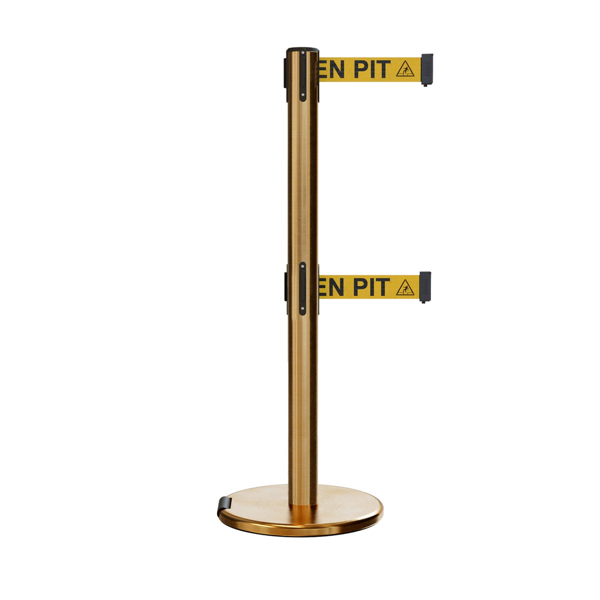 Retractable Dual Belt Barrier Stanchion, Rolling Base, Satin Brass Post, 13 ft Belt - Montour Line ME630D - Crowd Control Warehouse