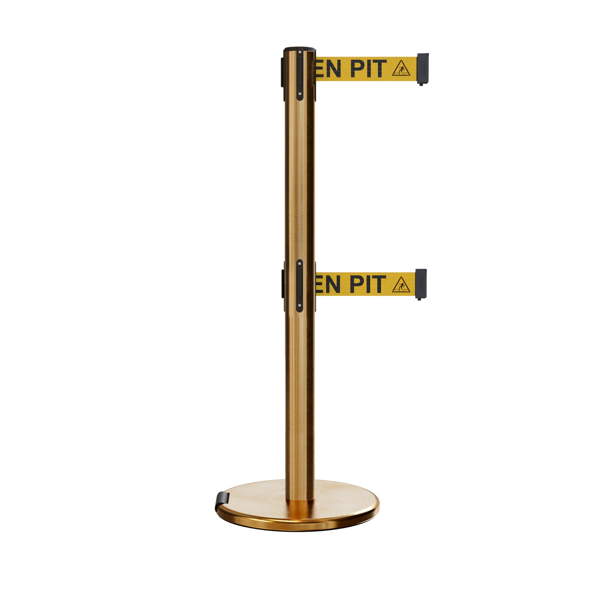 Retractable Dual Belt Barrier Stanchion, Rolling Base, Satin Brass Post, 13 ft Belt - Montour Line ME630D - Crowd Control Warehouse