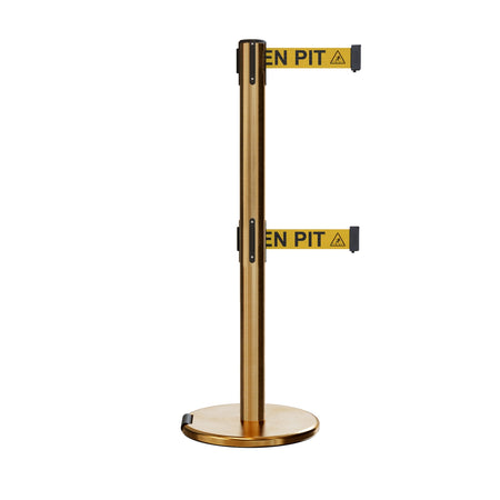 Retractable Dual Belt Barrier Stanchion, Rolling Base, Satin Brass Post, 13 ft Belt - Montour Line ME630D - Crowd Control Warehouse