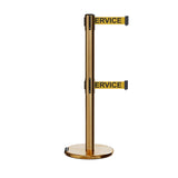 Retractable Dual Belt Barrier Stanchion, Rolling Base, Satin Brass Post, 13 ft Belt - Montour Line ME630D - Crowd Control Warehouse