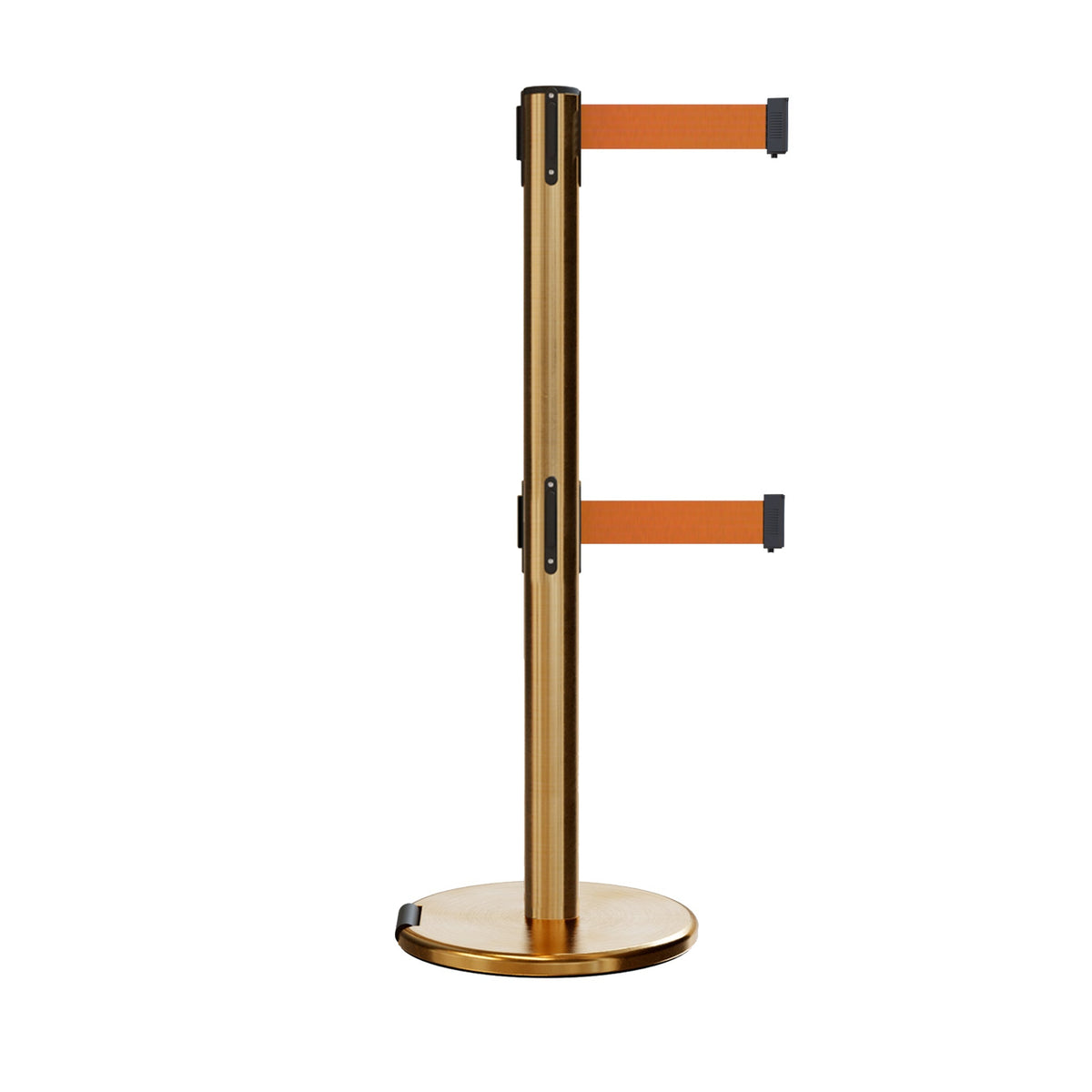 Retractable Dual Belt Barrier Stanchion, Rolling Base, Satin Brass Post, 13 ft Belt - Montour Line ME630D - Crowd Control Warehouse