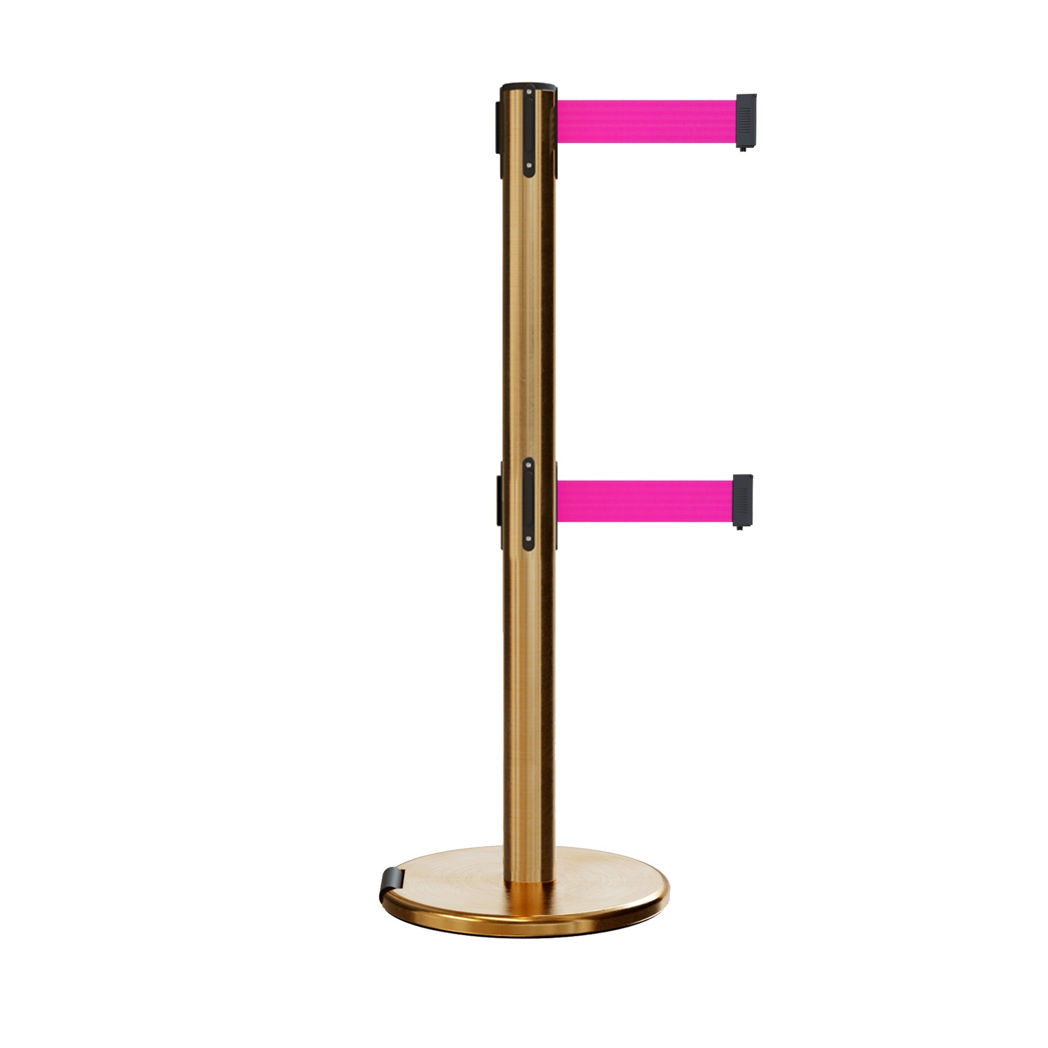 Retractable Dual Belt Barrier Stanchion, Rolling Base, Satin Brass Post, 13 ft Belt - Montour Line ME630D - Crowd Control Warehouse