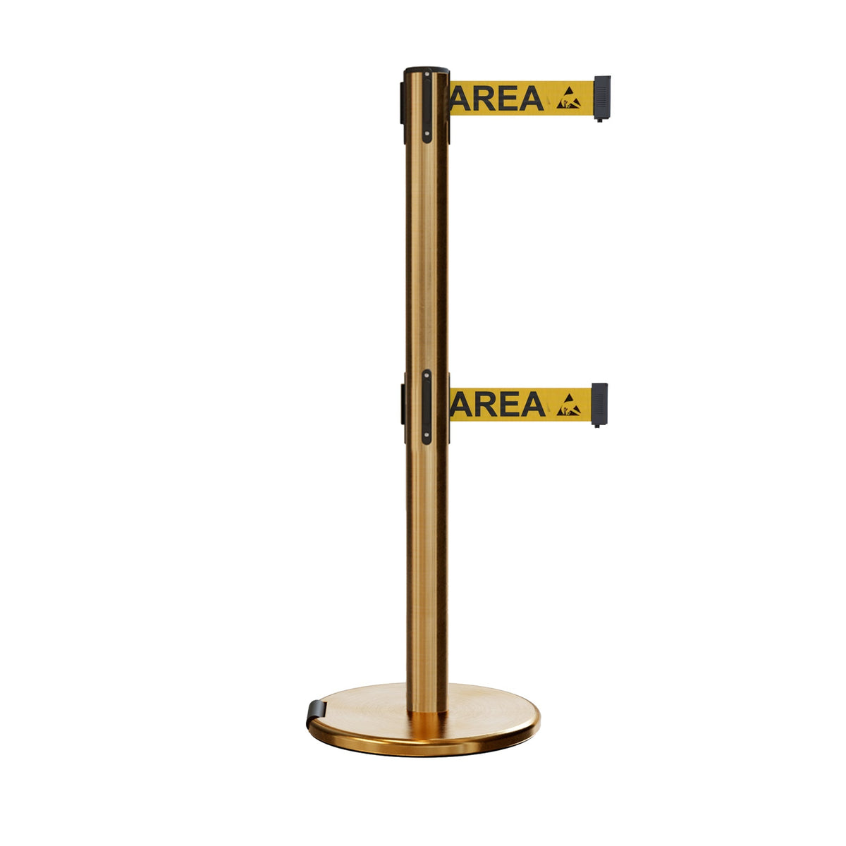 Retractable Dual Belt Barrier Stanchion, Rolling Base, Satin Brass Post, 13 ft Belt - Montour Line ME630D - Crowd Control Warehouse