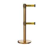 Retractable Dual Belt Barrier Stanchion, Rolling Base, Satin Brass Post, 13 ft Belt - Montour Line ME630D - Crowd Control Warehouse