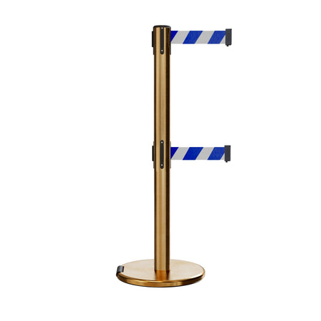 Retractable Dual Belt Barrier Stanchion, Rolling Base, Satin Brass Post, 13 ft Belt - Montour Line ME630D - Crowd Control Warehouse