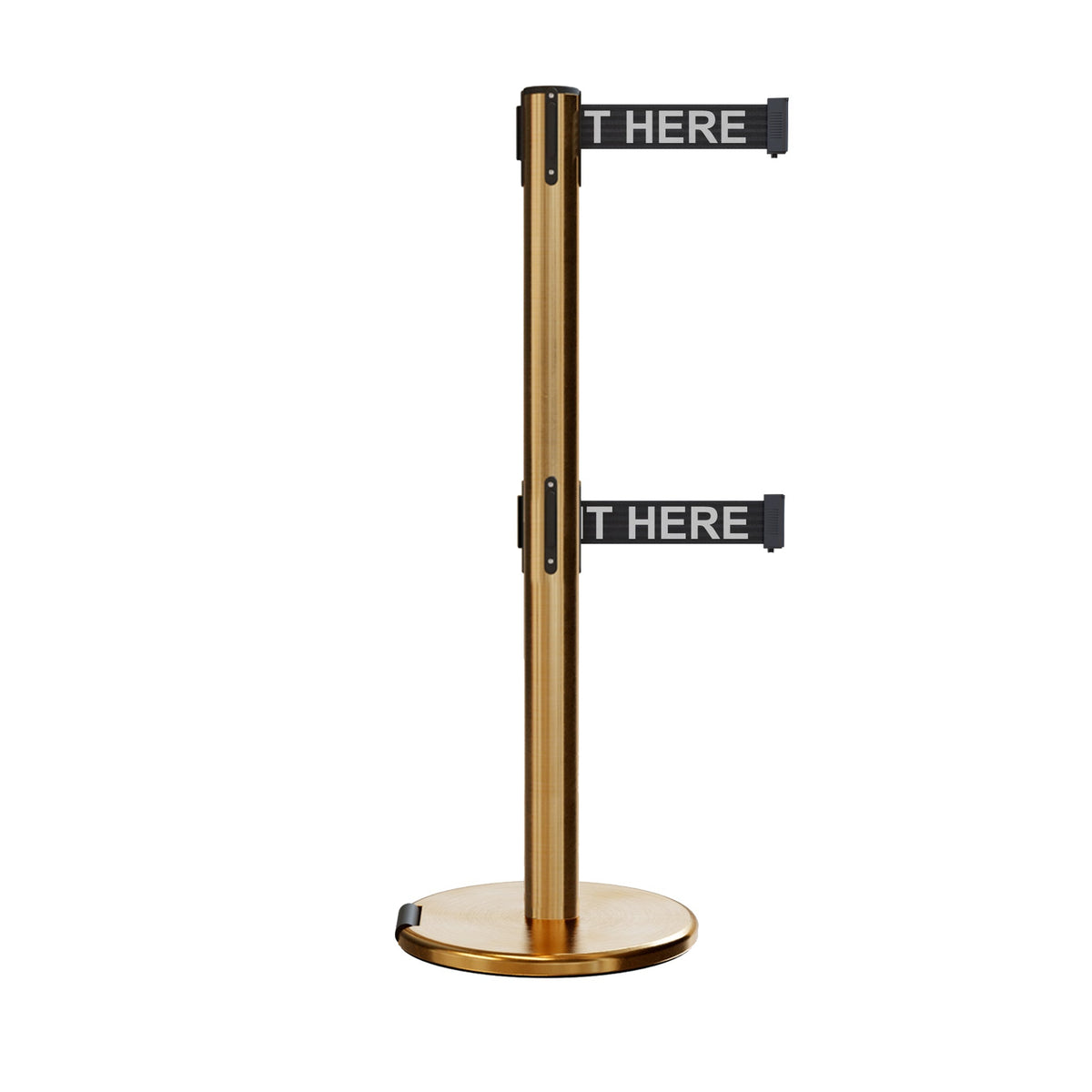 Retractable Dual Belt Barrier Stanchion, Rolling Base, Satin Brass Post, 13 ft Belt - Montour Line ME630D - Crowd Control Warehouse