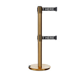 Retractable Dual Belt Barrier Stanchion, Rolling Base, Satin Brass Post, 13 ft Belt - Montour Line ME630D - Crowd Control Warehouse