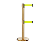 Retractable Dual Belt Barrier Stanchion, Rolling Base, Satin Brass Post, 13 ft Belt - Montour Line ME630D - Crowd Control Warehouse