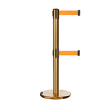 Retractable Dual Belt Barrier Stanchion, Rolling Base, Satin Brass Post, 13 ft Belt - Montour Line ME630D - Crowd Control Warehouse