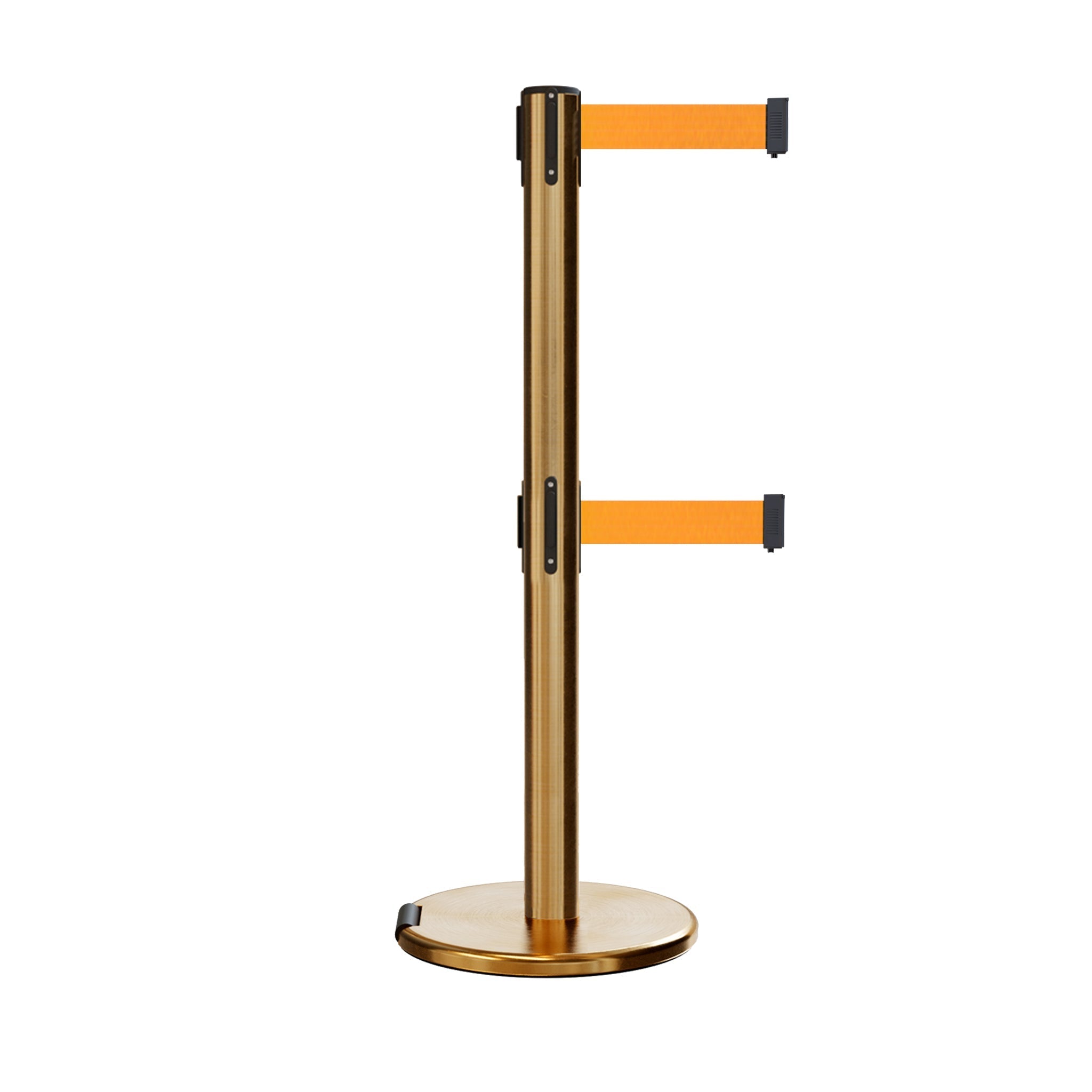 Retractable Dual Belt Barrier Stanchion, Rolling Base, Satin Brass Post, 13 ft Belt - Montour Line ME630D - Crowd Control Warehouse