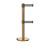 Retractable Dual Belt Barrier Stanchion, Rolling Base, Satin Brass Post, 13 ft Belt - Montour Line ME630D - Crowd Control Warehouse