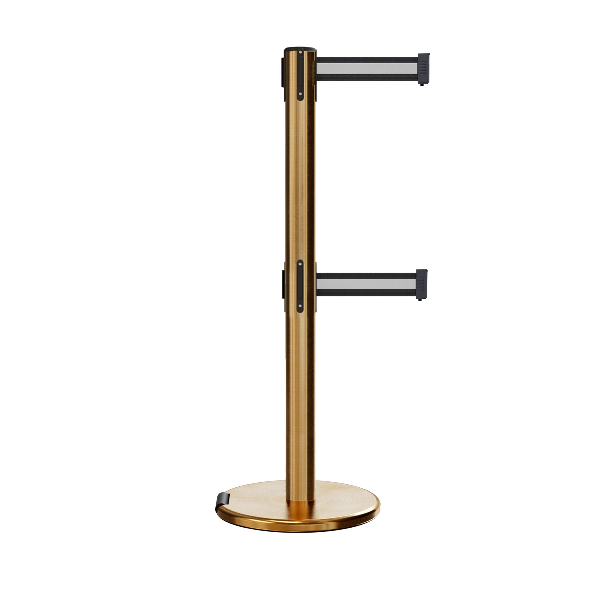 Retractable Dual Belt Barrier Stanchion, Rolling Base, Satin Brass Post, 13 ft Belt - Montour Line ME630D - Crowd Control Warehouse