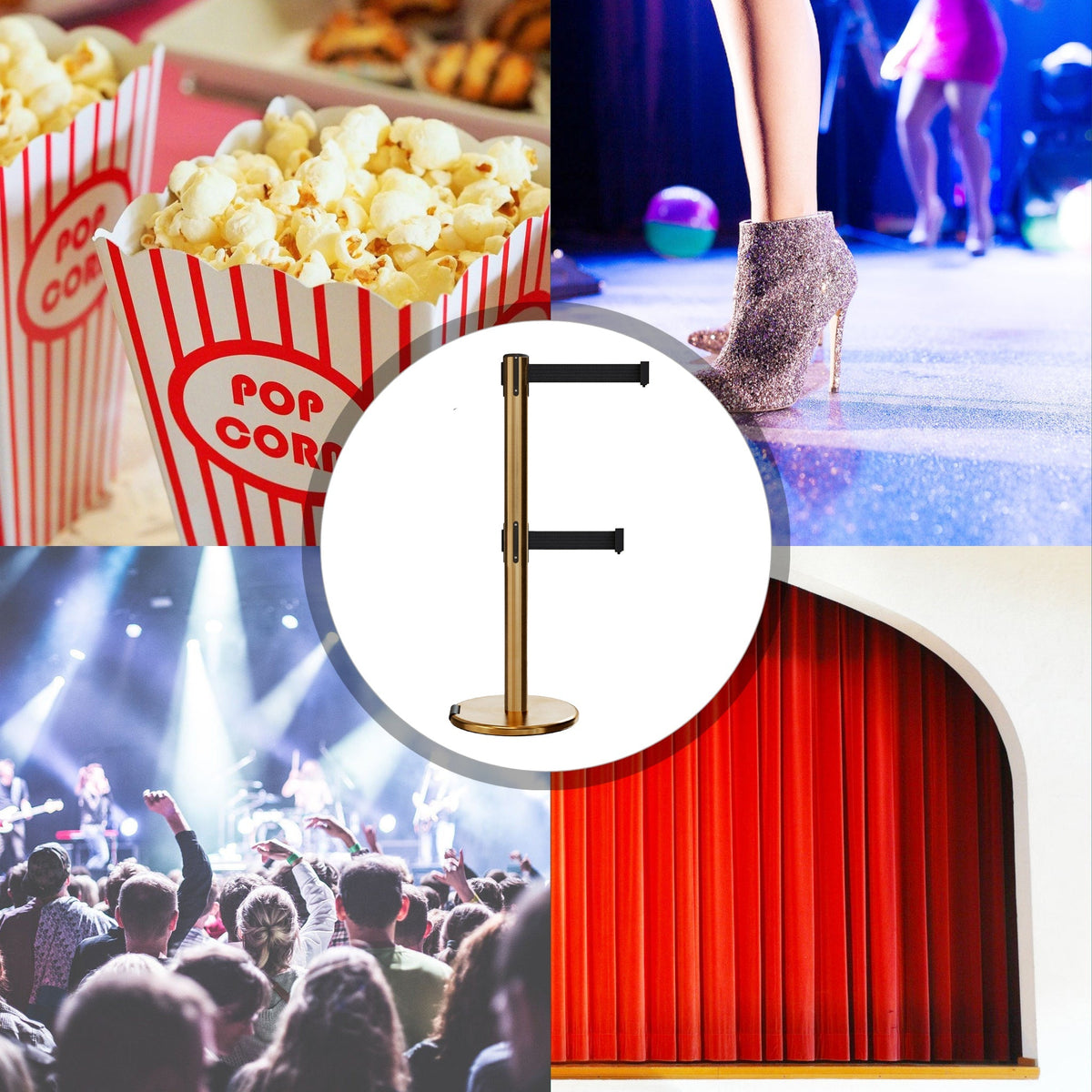 Retractable Dual Belt Barrier Stanchion, Rolling Base, Satin Brass Post, 13 ft Belt - Montour Line ME630D - Crowd Control Warehouse