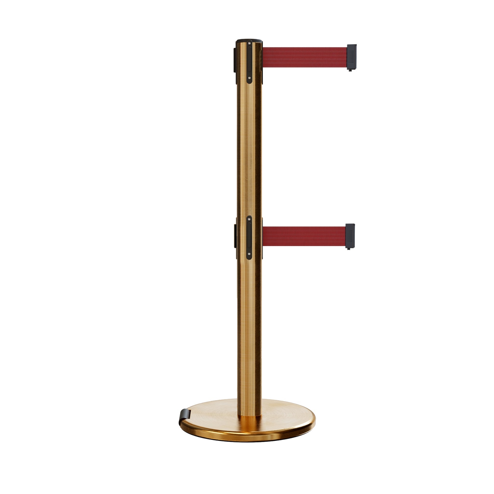 Retractable Dual Belt Barrier Stanchion, Rolling Base, Satin Brass Post, 13 ft Belt - Montour Line ME630D - Crowd Control Warehouse