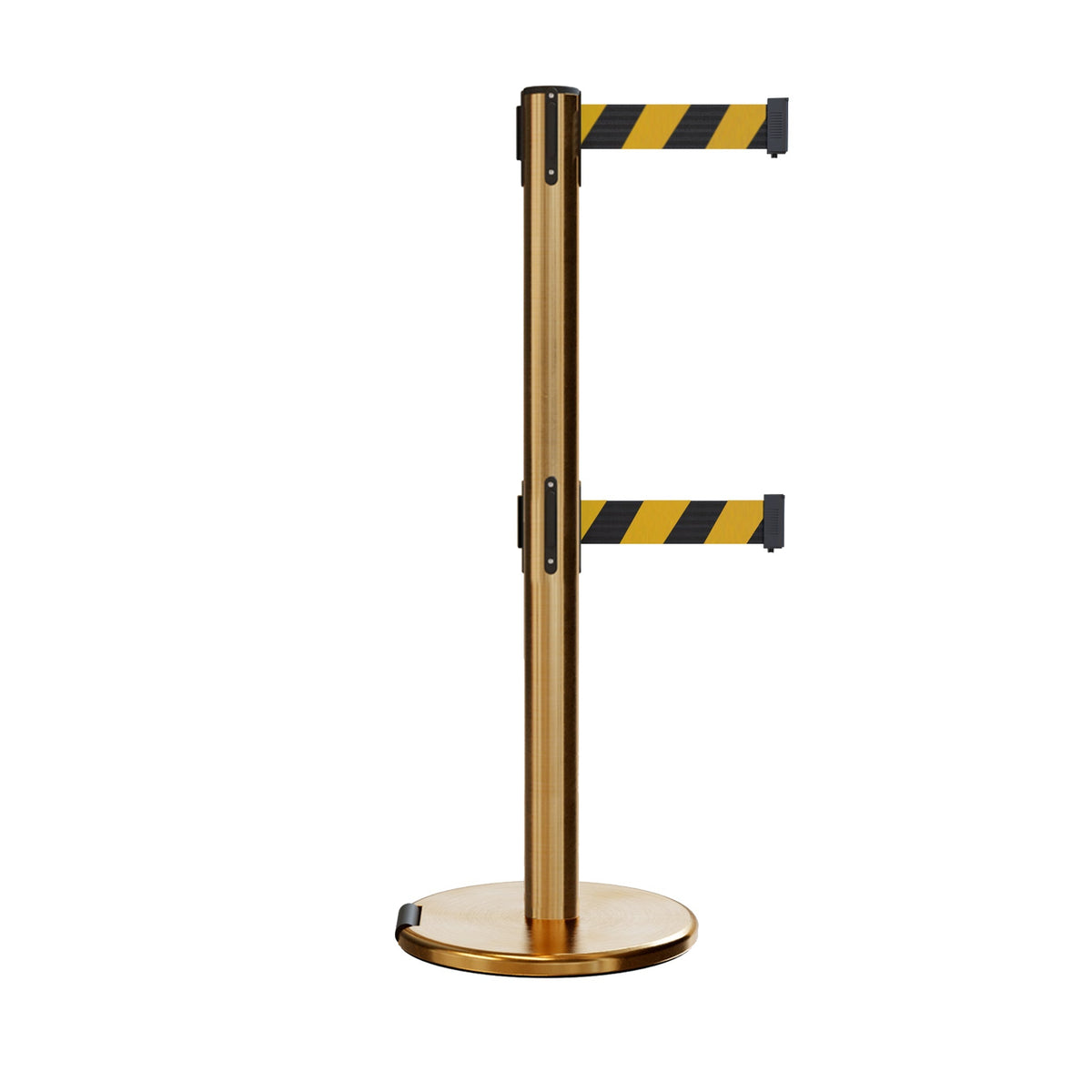 Retractable Dual Belt Barrier Stanchion, Rolling Base, Satin Brass Post, 13 ft Belt - Montour Line ME630D - Crowd Control Warehouse