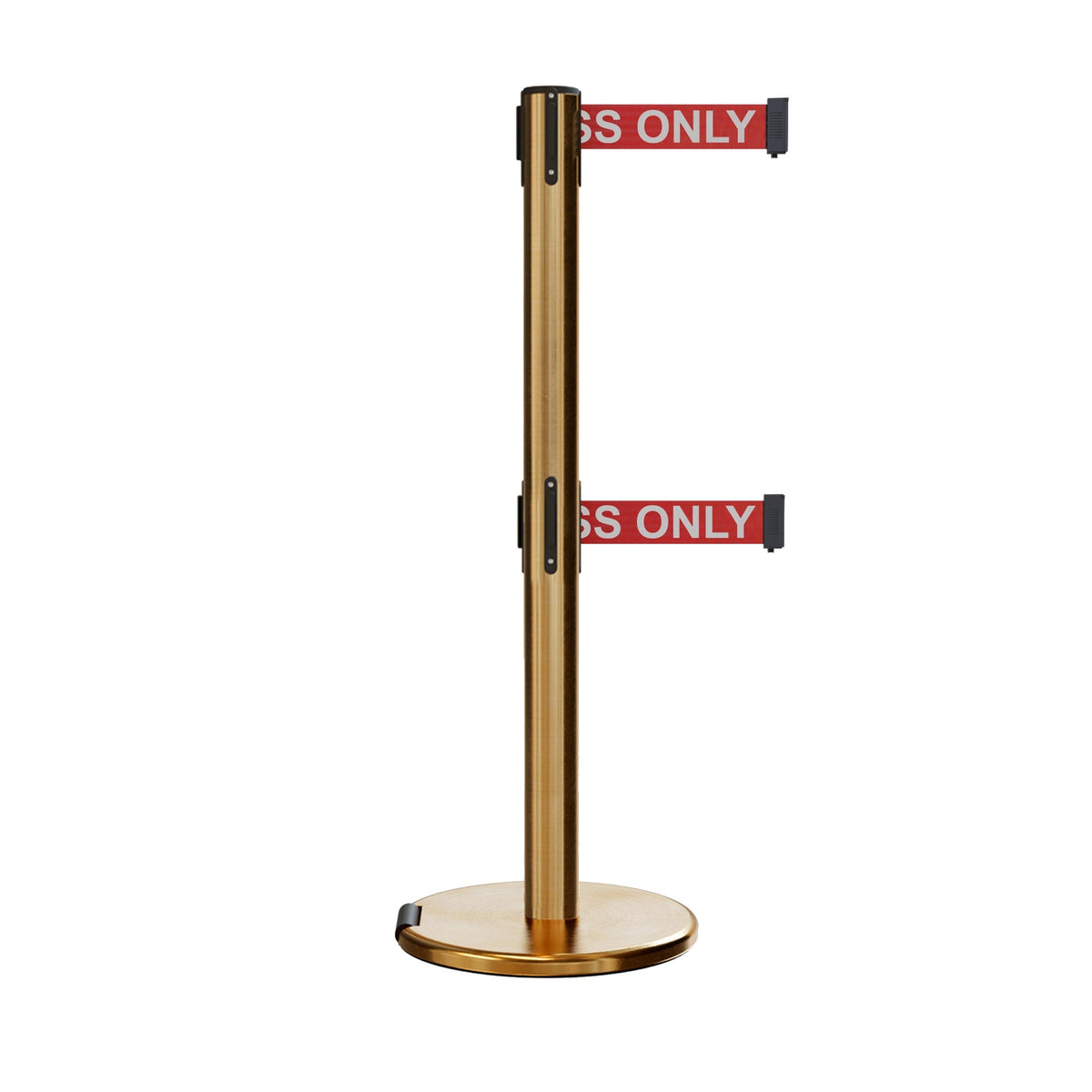 Retractable Dual Belt Barrier Stanchion, Rolling Base, Satin Brass Post, 13 ft Belt - Montour Line ME630D - Crowd Control Warehouse