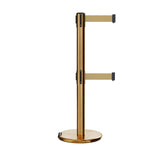 Retractable Dual Belt Barrier Stanchion, Rolling Base, Satin Brass Post, 7.5 ft Belt - Montour Line ME630D - Crowd Control Warehouse