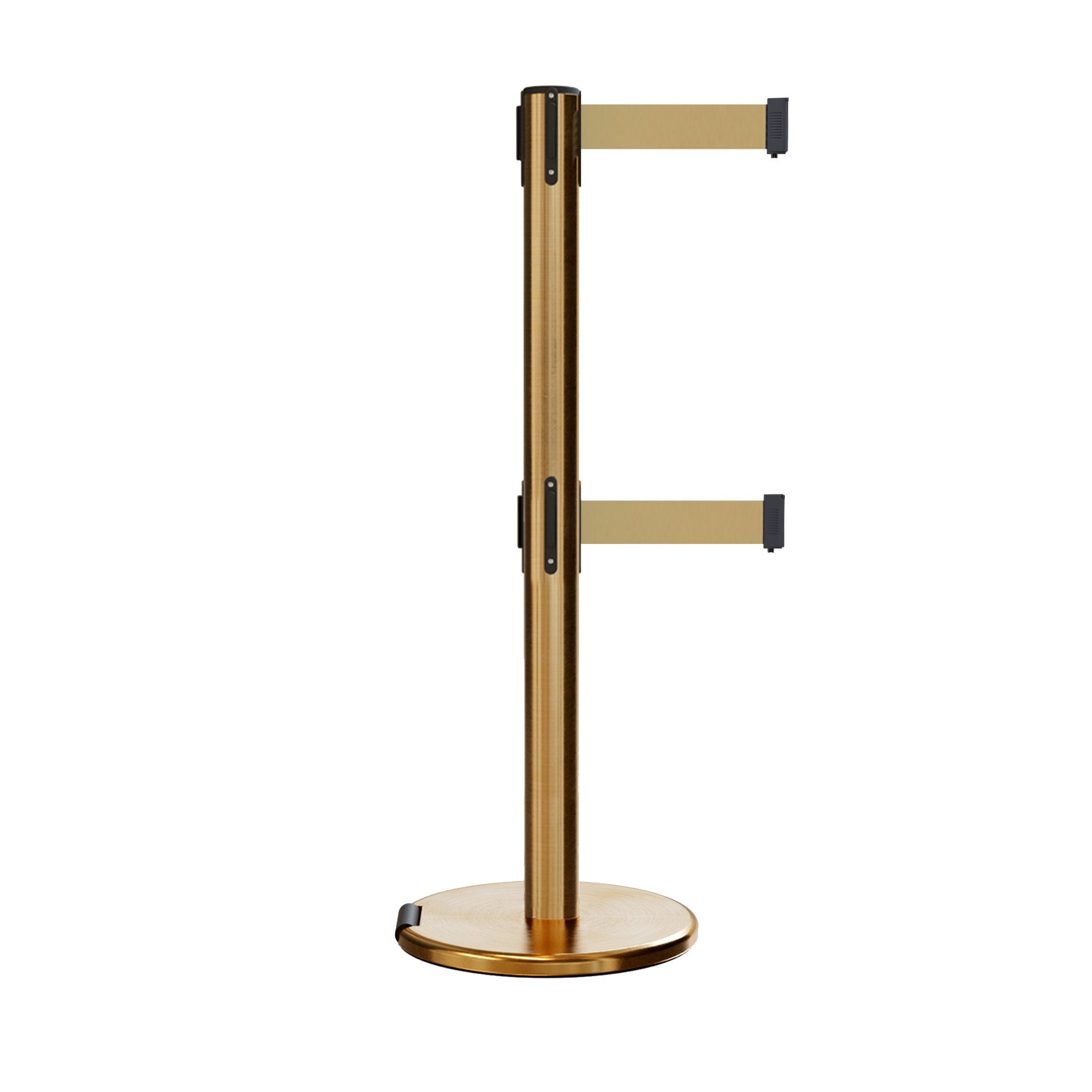 Retractable Dual Belt Barrier Stanchion, Rolling Base, Satin Brass Post, 7.5 ft Belt - Montour Line ME630D - Crowd Control Warehouse