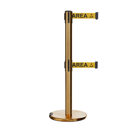 Retractable Dual Belt Barrier Stanchion, Rolling Base, Satin Brass Post, 7.5 ft Belt - Montour Line ME630D - Crowd Control Warehouse