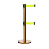 Retractable Dual Belt Barrier Stanchion, Rolling Base, Satin Brass Post, 7.5 ft Belt - Montour Line ME630D - Crowd Control Warehouse