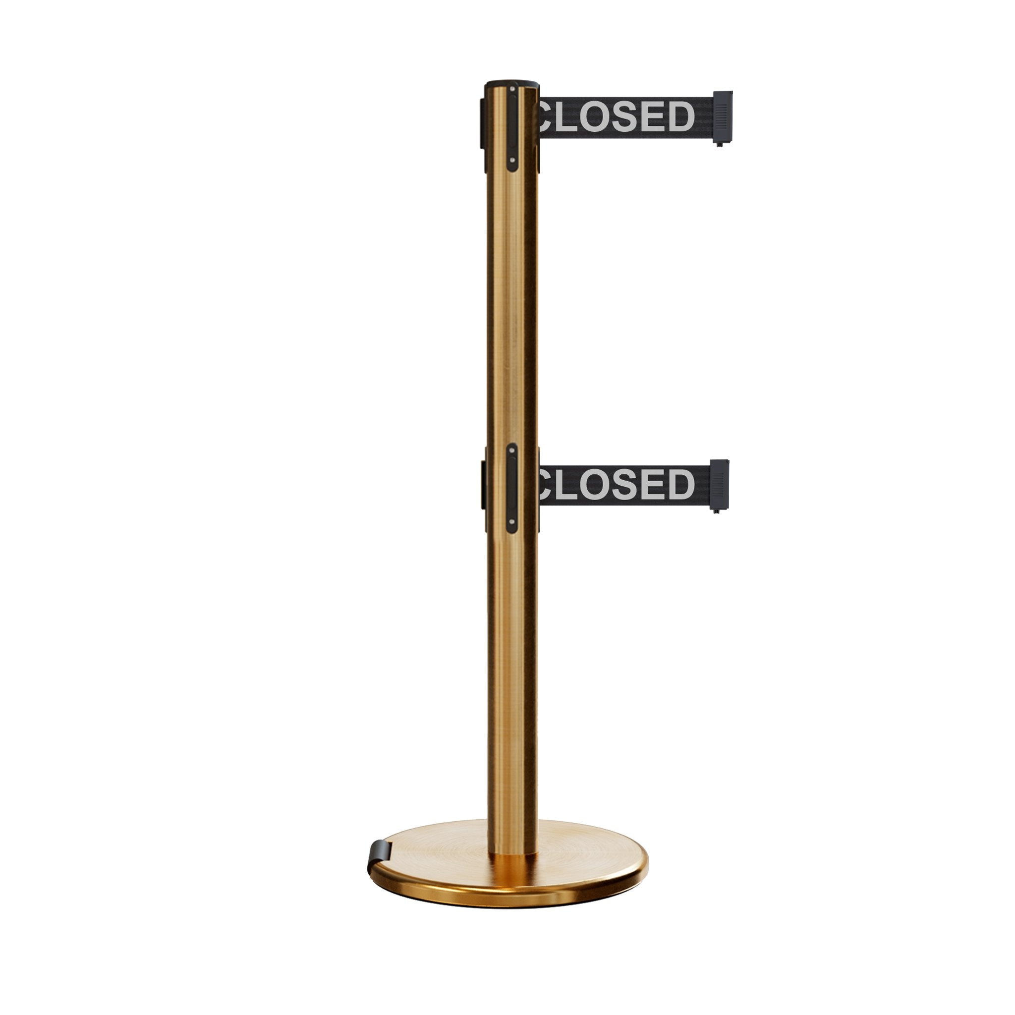 Retractable Dual Belt Barrier Stanchion, Rolling Base, Satin Brass Post, 7.5 ft Belt - Montour Line ME630D - Crowd Control Warehouse