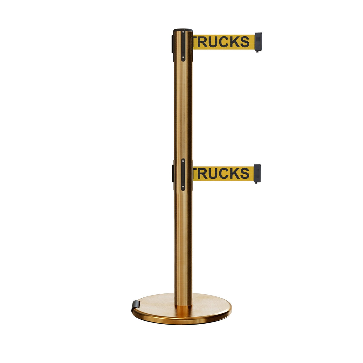 Retractable Dual Belt Barrier Stanchion, Rolling Base, Satin Brass Post, 7.5 ft Belt - Montour Line ME630D - Crowd Control Warehouse