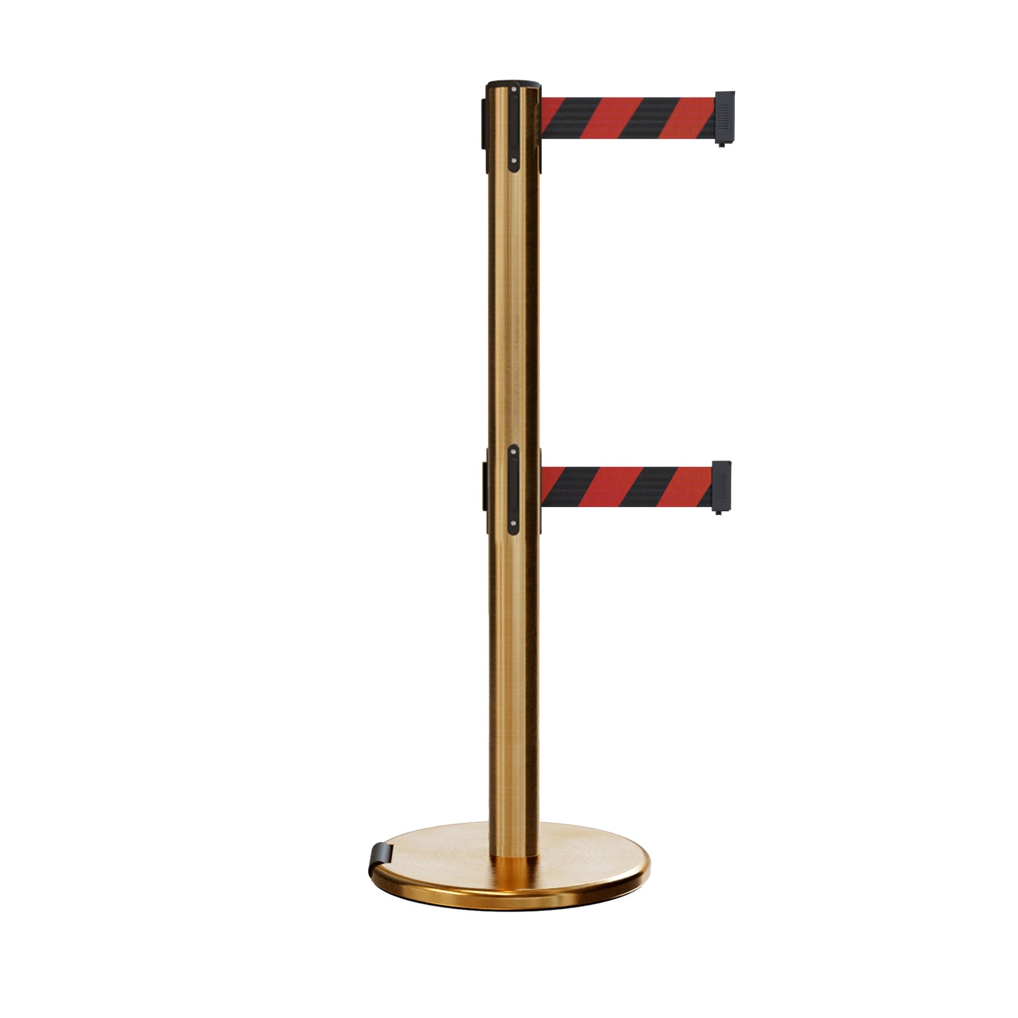 Retractable Dual Belt Barrier Stanchion, Rolling Base, Satin Brass Post, 7.5 ft Belt - Montour Line ME630D - Crowd Control Warehouse