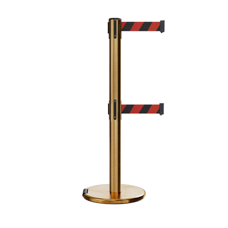 Retractable Dual Belt Barrier Stanchion, Rolling Base, Satin Brass Post, 7.5 ft Belt - Montour Line ME630D - Crowd Control Warehouse