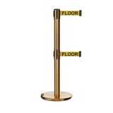 Retractable Dual Belt Barrier Stanchion, Rolling Base, Satin Brass Post, 7.5 ft Belt - Montour Line ME630D - Crowd Control Warehouse