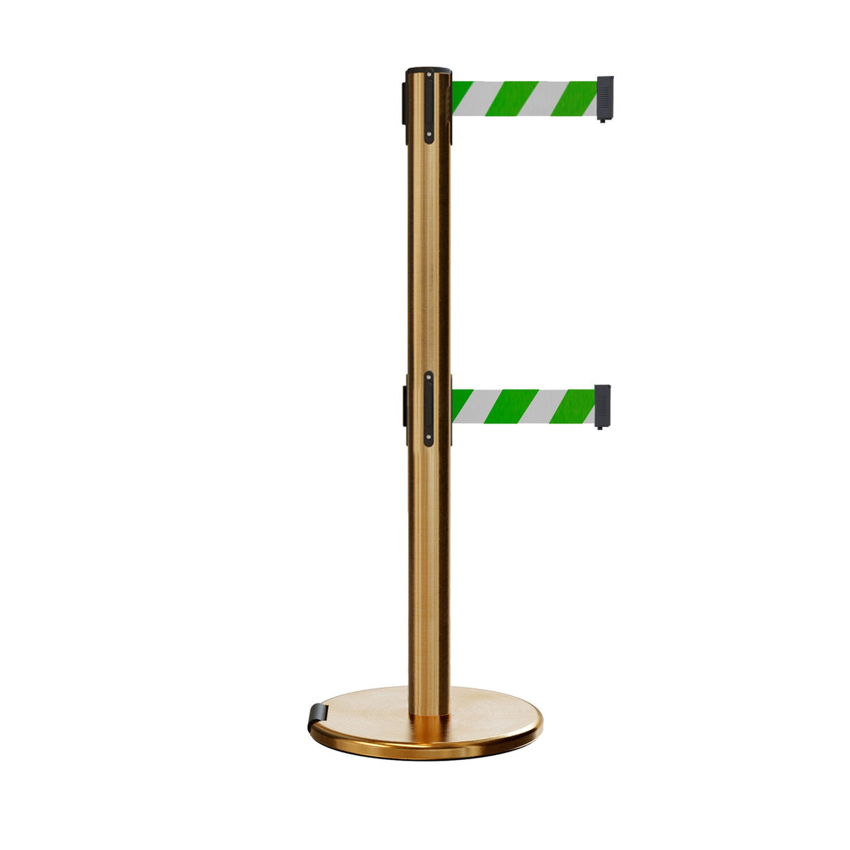Retractable Dual Belt Barrier Stanchion, Rolling Base, Satin Brass Post, 7.5 ft Belt - Montour Line ME630D - Crowd Control Warehouse