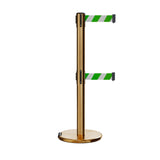 Retractable Dual Belt Barrier Stanchion, Rolling Base, Satin Brass Post, 7.5 ft Belt - Montour Line ME630D - Crowd Control Warehouse